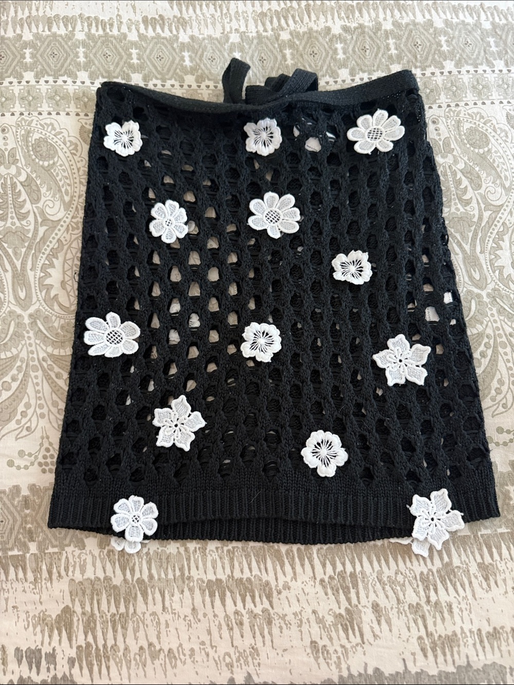 Lovers + Friends Black Crochet Mini Skirt with White Floral Appliqués